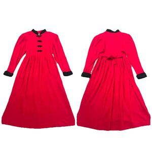 Vintage California Gold Rush Red Black Trim Pleated Midi Dress Womens sz M 80s